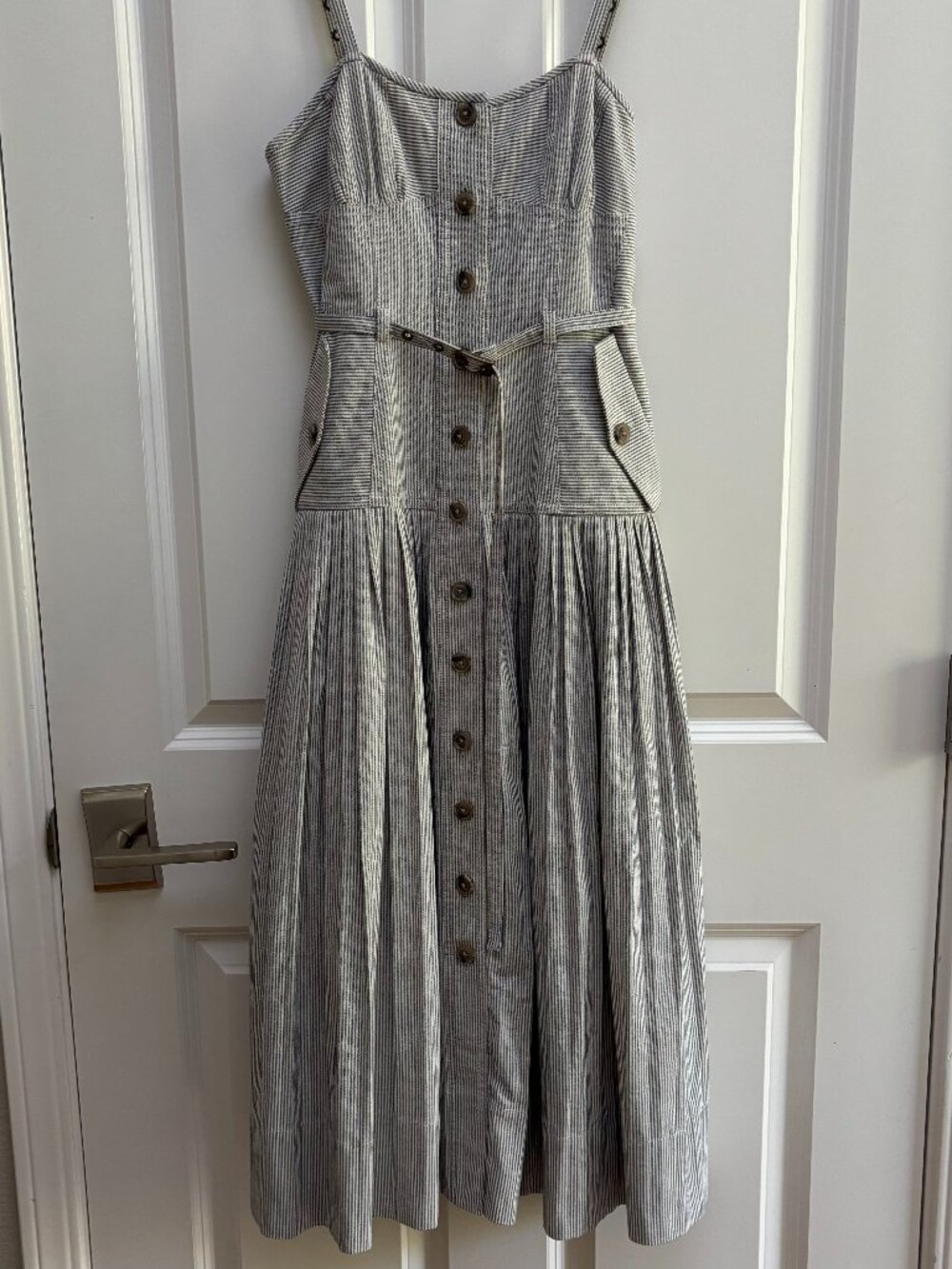 Ulla Johnson Pre Fall 2022 Striped Pleated Midi Belted Dress | Ulla Johnson